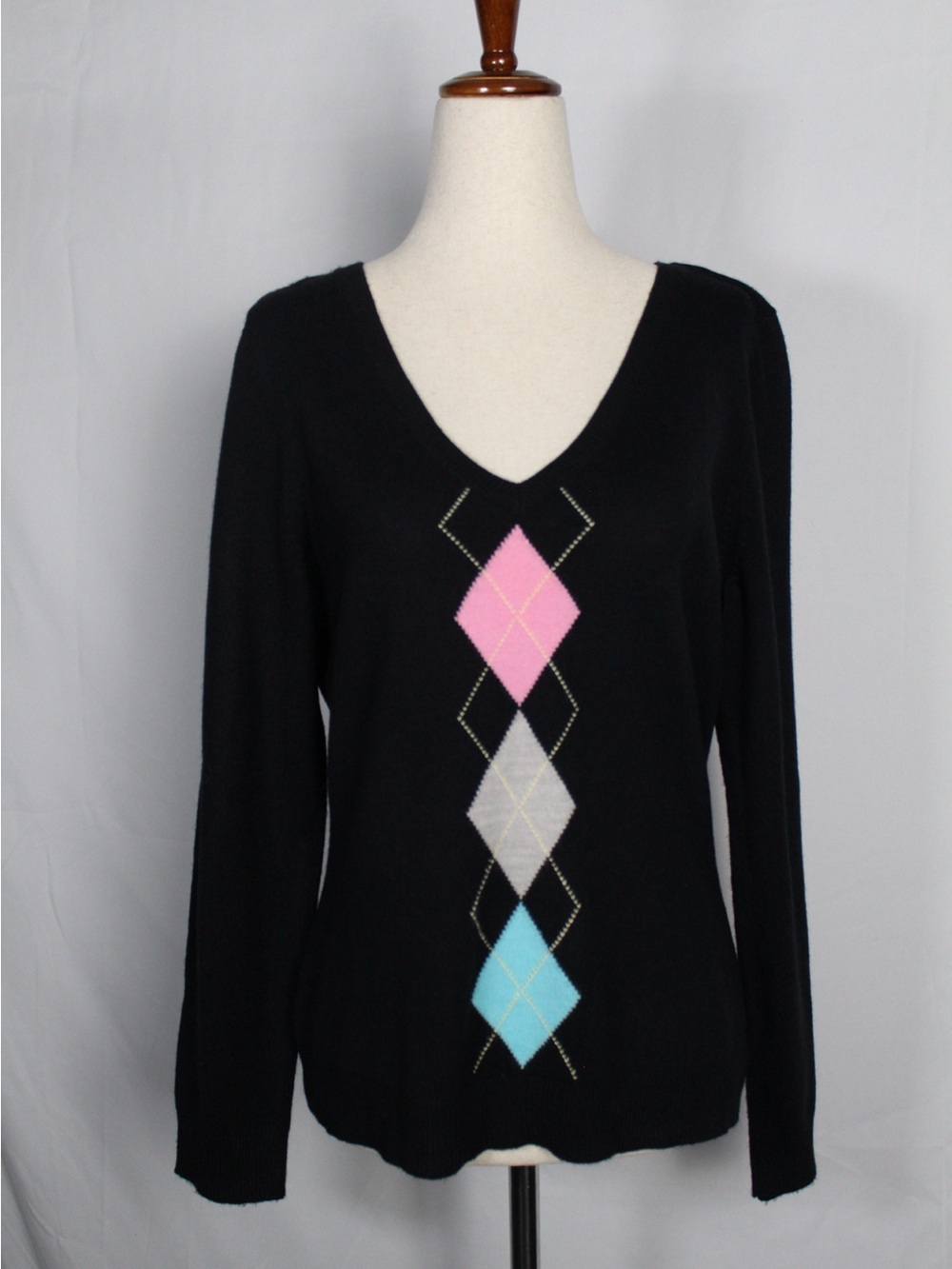 y2k New York & Company Black V-Neck Sweater with Pink, Gray & Light Blue Argyle